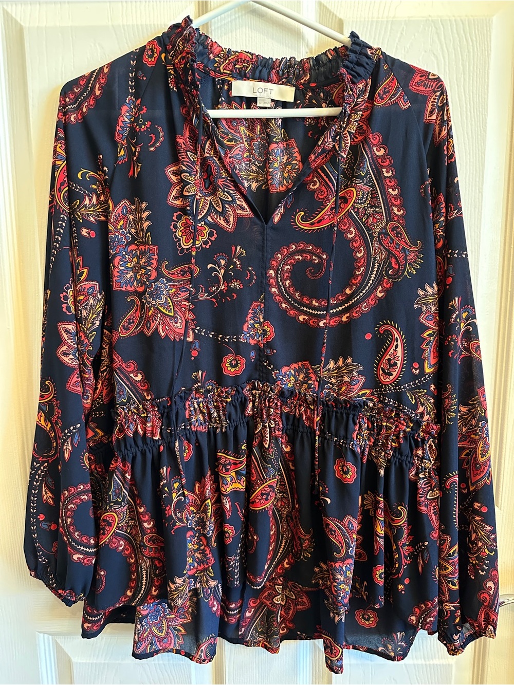 LOFT Navy Floral Paisley Tie-Neck Blouse - Picture 2 of 4